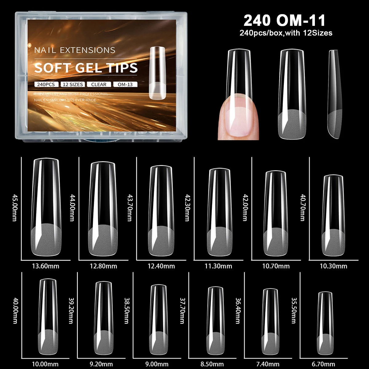 Eine Sammlung von 12 Größen weicher Gel-Tips für Nagellack-Extensions in einer klaren Box.