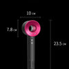 A black bladeless hair dryer with a pink nozzle and various dimension lines showing its size.