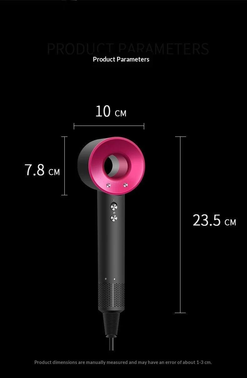 A black bladeless hair dryer with a pink nozzle and various dimension lines showing its size.