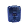 A blue portable magnetic electric shaver for men with a textured top and control panel.