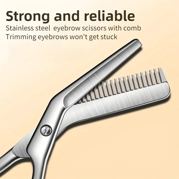 A pair of stainless steel eyebrow scissors with a comb shown in a close-up view.