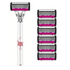A set of five pink and black razor cartridges with a silver handle.