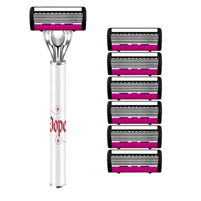 A set of five pink and black razor cartridges with a silver handle.