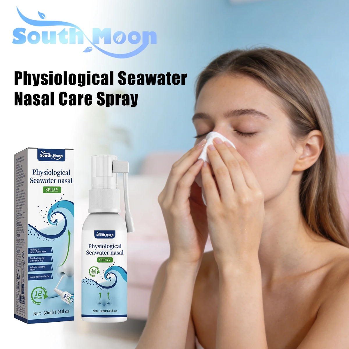 Une femme utilise un spray nasal de soin avec de l'eau de mer physiologique.