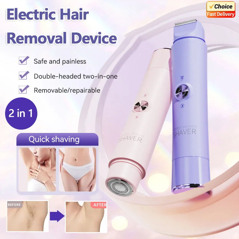 A purple double-headed electric hair removal device shown with usage examples for quick shaving.