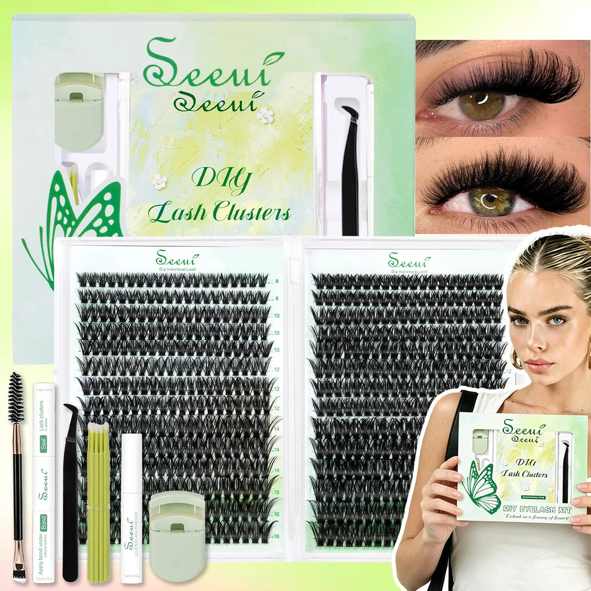 A kit for DIY lash clusters showing various tools and finished lashes on a model's eye.