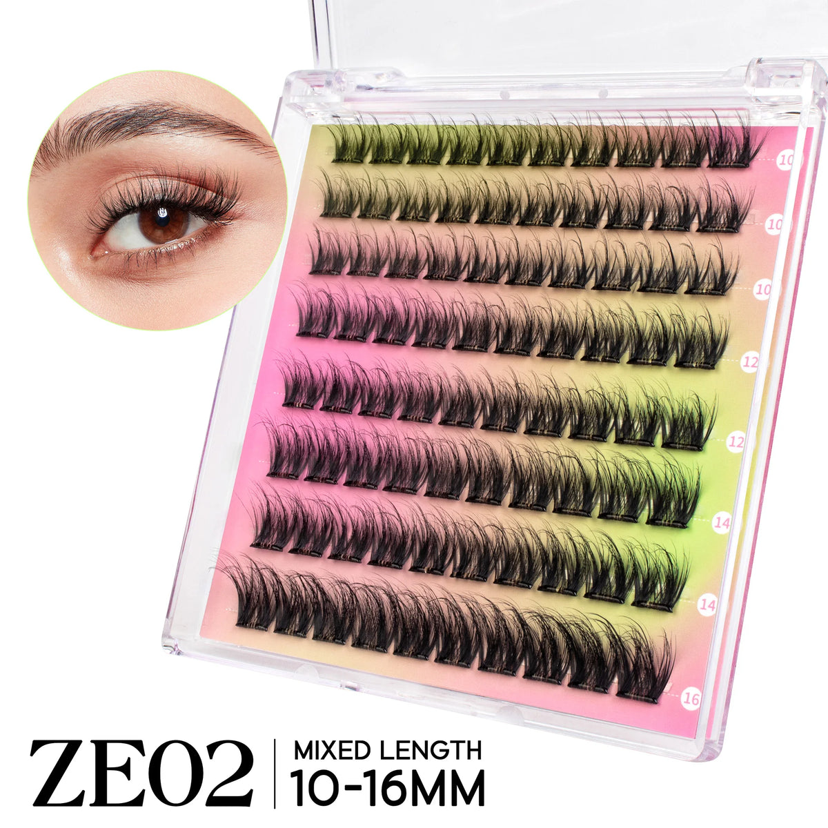 A plastic box of ZE02 mixed length black eyelash extensions showing various lengths from 10 to 16mm.