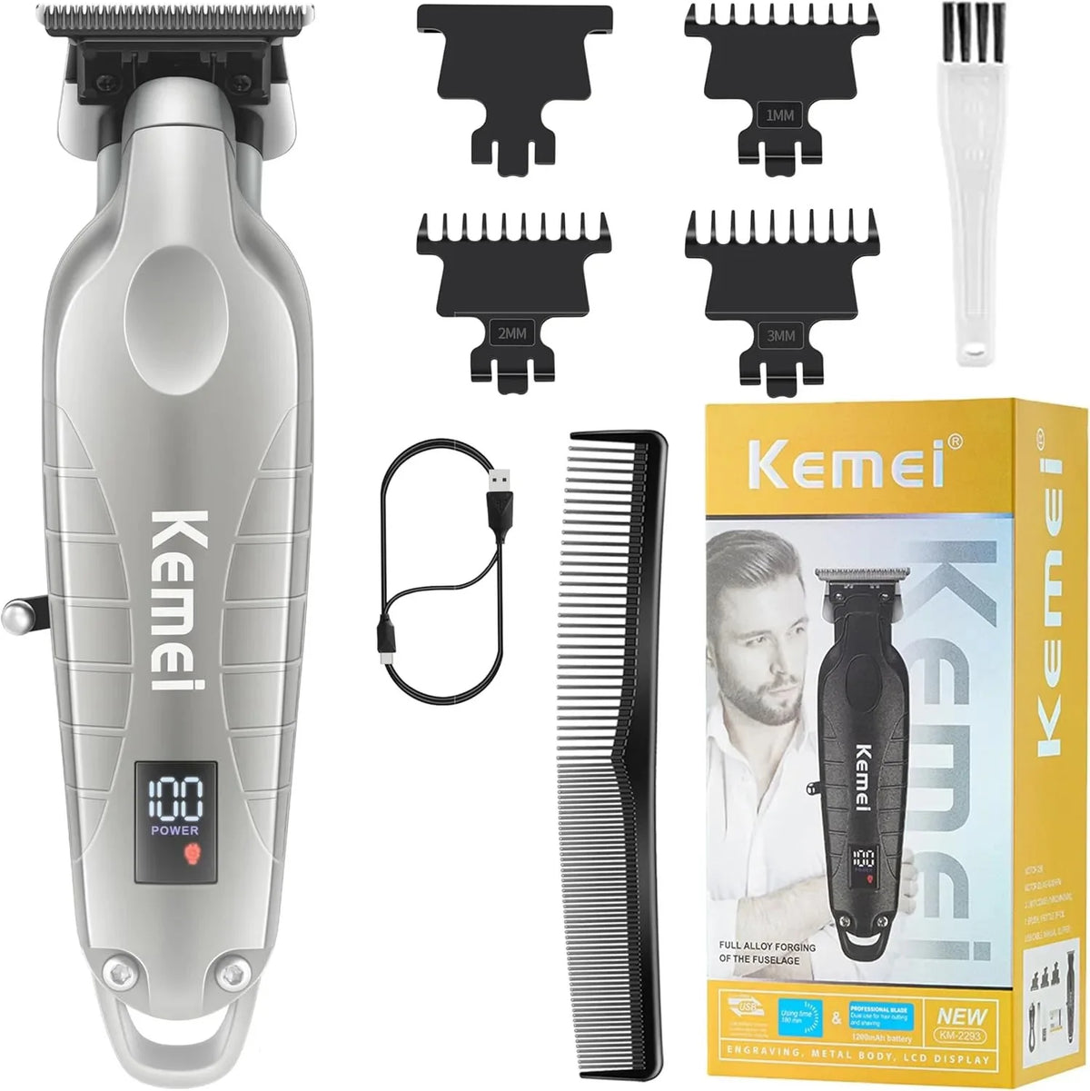 A Kemel cordless electric hair trimmer with a black body and silver accents, shown alongside accessories.