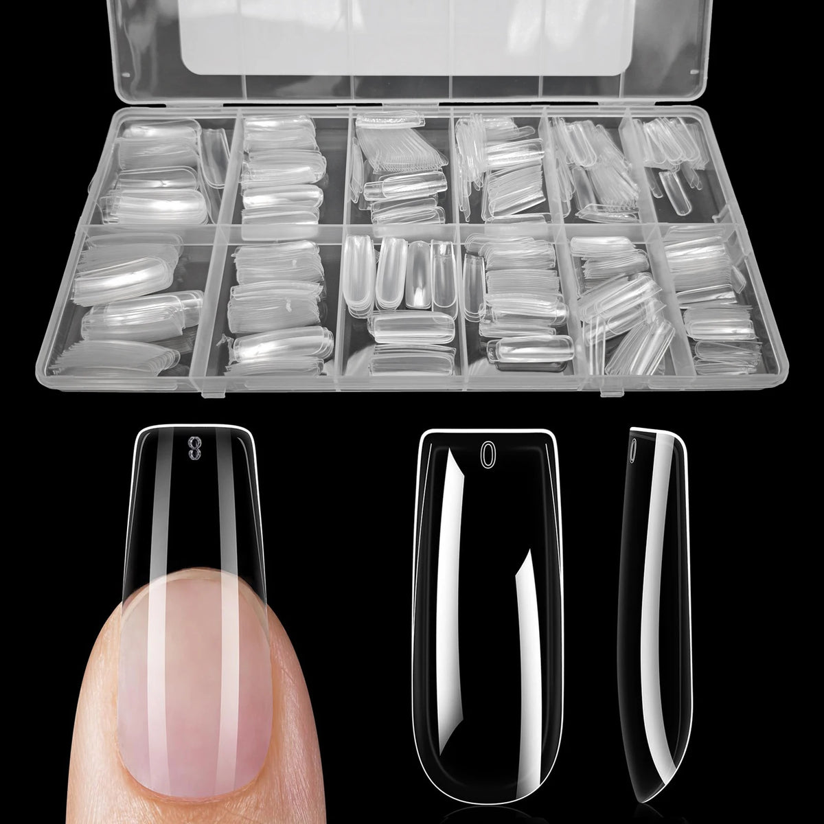 Un étui en plastique transparent contenant un ensemble de pointes à ongles pressables de différentes formes et tailles, affic