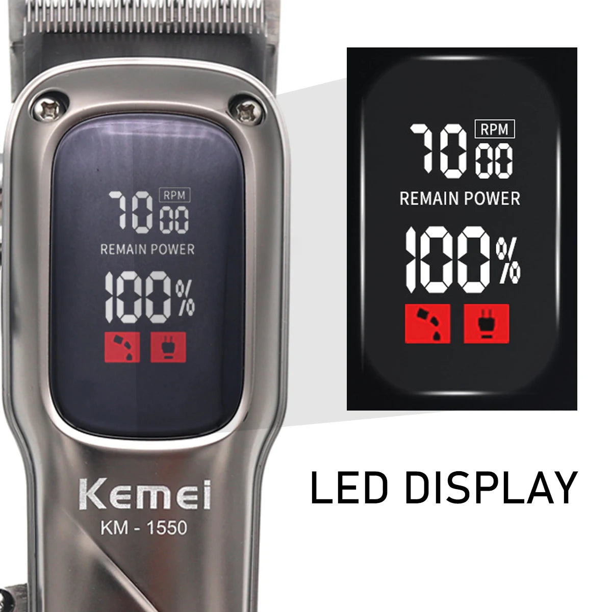 Close-up of a silver cordless hair clipper with an LED display showing 100% remaining power and RPM.
