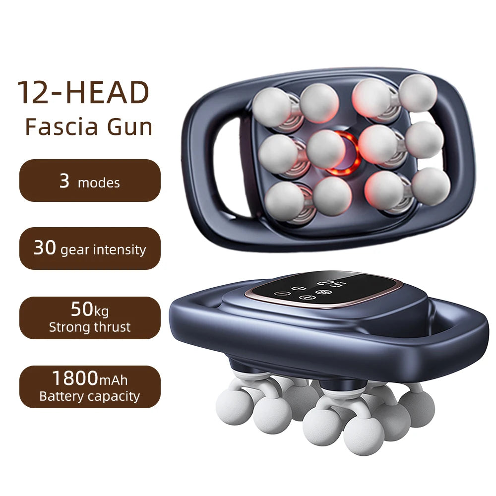 A black 12-head fascia gun massage device with multiple modes and a detachable battery pack.