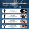 A set of multifunctional interchangeable massage heads for a massage gun, including round, flat, taper, and U-shape designs.