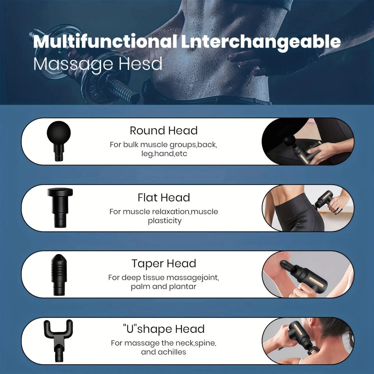 A set of multifunctional interchangeable massage heads for a massage gun, including round, flat, taper, and U-shape designs.