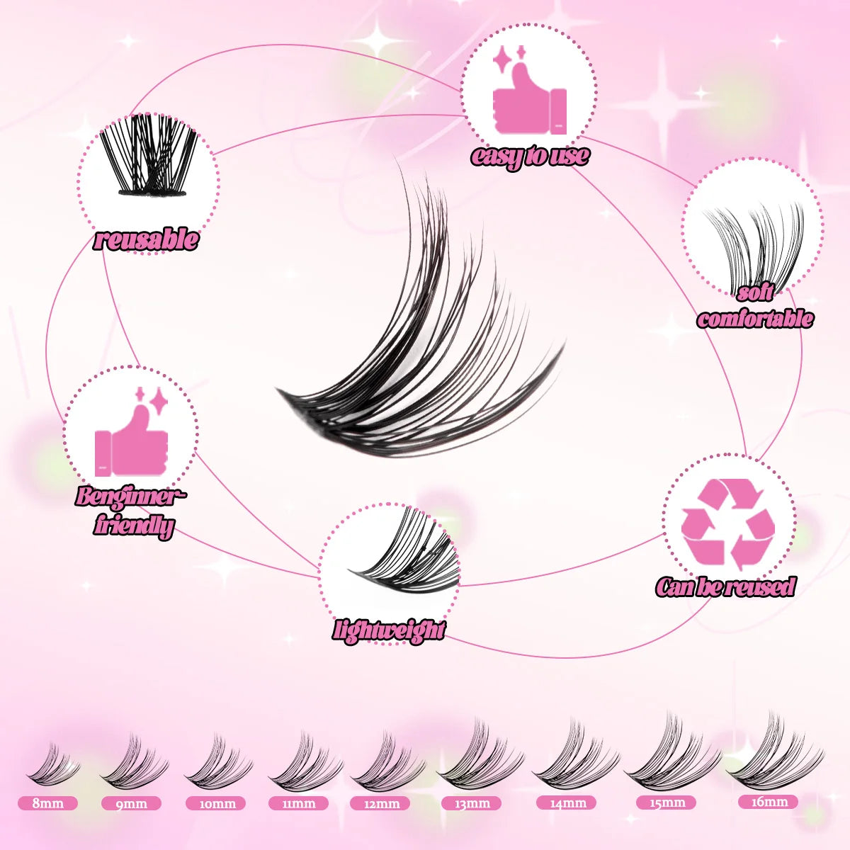 A collection of DIY natural wispy lash clusters shown in various lengths, from 8mm to 16mm.