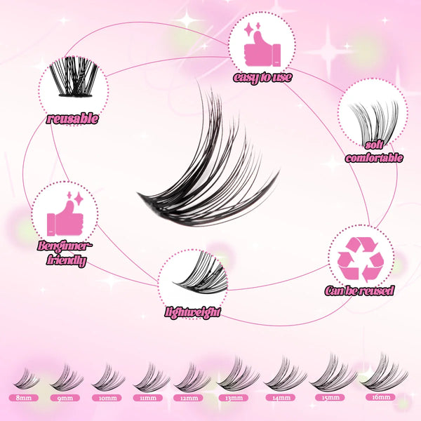 A collection of DIY natural wispy lash clusters shown in various lengths, from 8mm to 16mm.