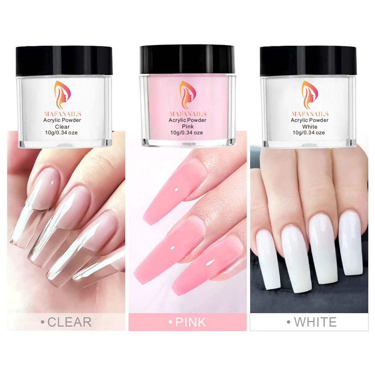 Three glass jars of Mafanails acrylic powder in clear, pink, and white shades shown with fingernails.