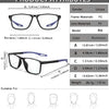 Un set de gafas de lectura fotoquímicas negras con varias dimensiones de marco y lente mostradas junto a formas de cara.