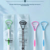 A silicone tongue scraper is shown next to its packaging and a white handle, demonstrating the design for oral hygiene.
