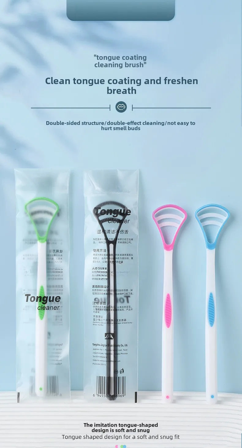 A silicone tongue scraper is shown next to its packaging and a white handle, demonstrating the design for oral hygiene.