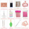 A collection of eyelash extension practice tools including a model head, lash scissors, color tape, brushes, mirror, and twee