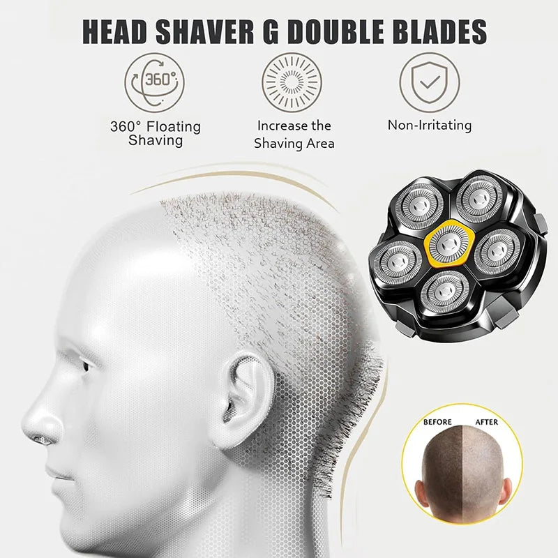Close-up view of a magnetic replacement head for an electric shaver with features like 360 degree floating shaving and increa