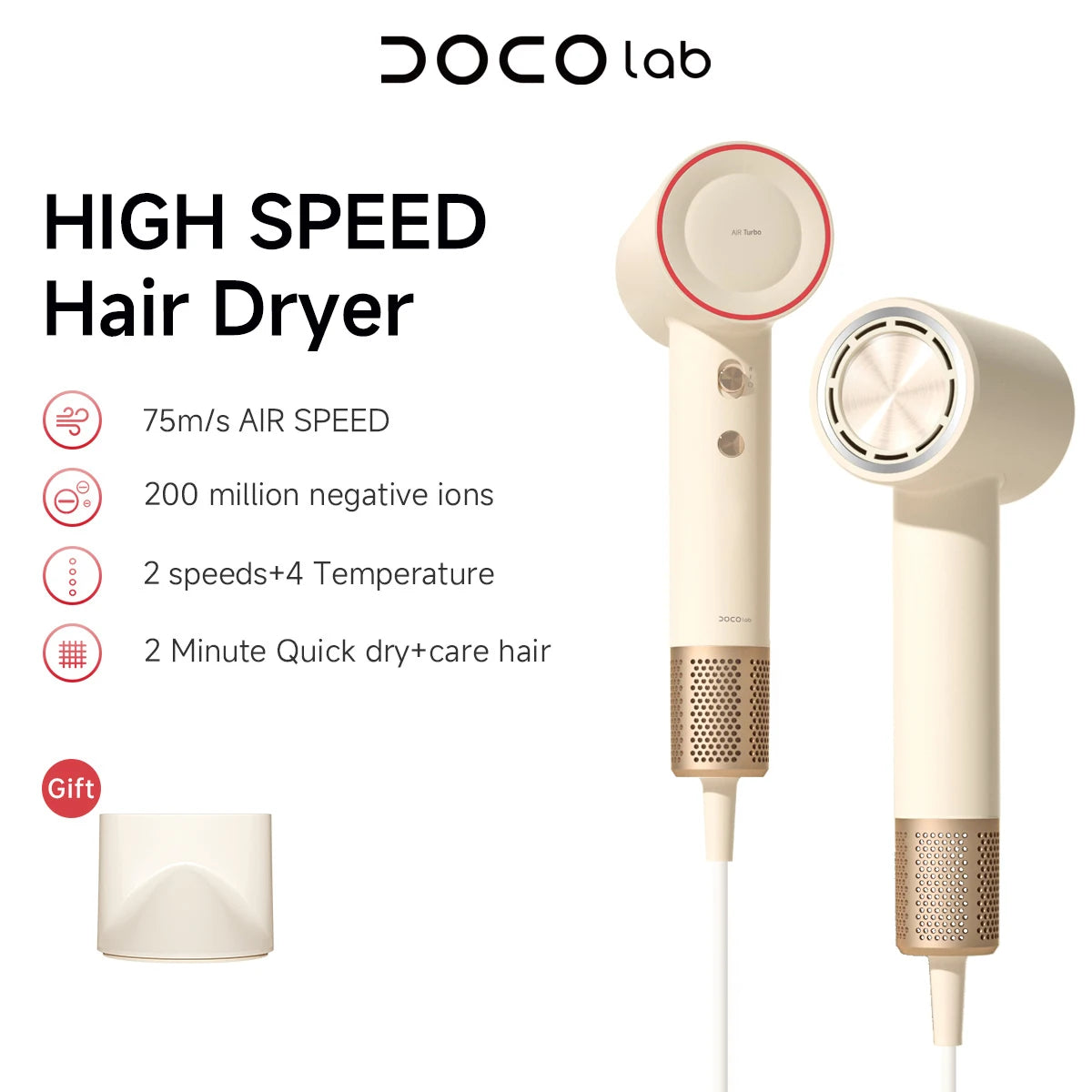 Beige Hochgeschwindigkeits-Haartrockner von DOCO lab mit runder Düse und separatem Diffusor-Zubehör.