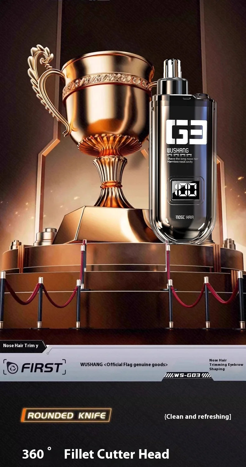 A bronze trophy stands next to a black electric nose and ear hair trimmer with a rounded knife cutter head.