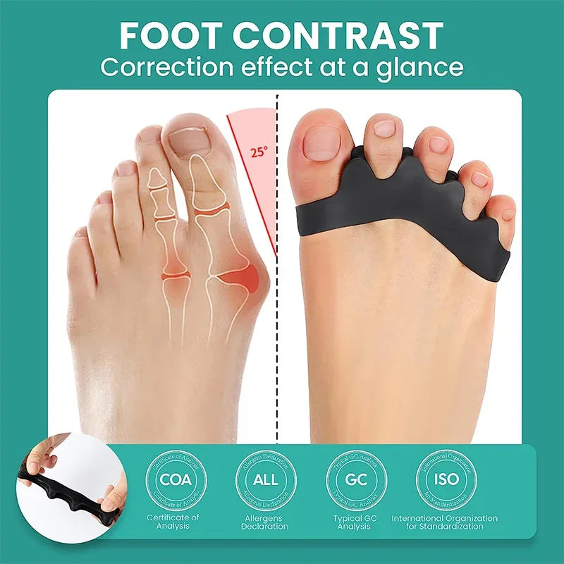 Silicone toe separators demonstrating foot contrast correction effect and various certification standards