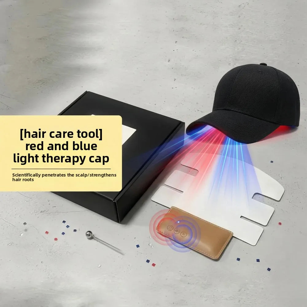 A black cap and a white light therapy device are shown on a gray surface, illustrating red and blue light for hair care.