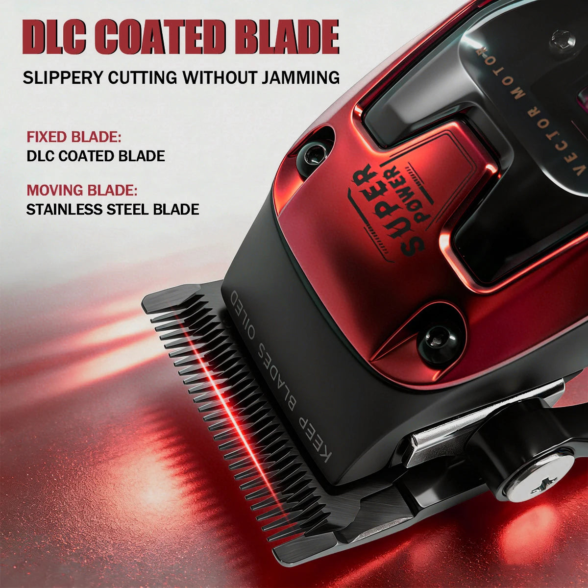 Close-up of a red and black professional rechargeable hair clipper with a DLC coated blade shown in use.