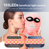 A woman is applying a glowing pink silicone facial mask to her face, demonstrating the light source technology.