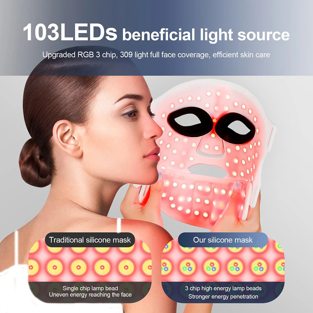 A woman is applying a glowing pink silicone facial mask to her face, demonstrating the light source technology.