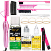 A collection of Goiple hair care products including a pink electric hot comb, brushes, and spray bottles.