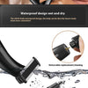 A black electric body and facial trimmer with removable attachments shown in various usage contexts.