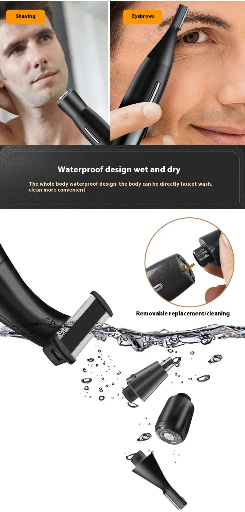 A black electric body and facial trimmer with removable attachments shown in various usage contexts.