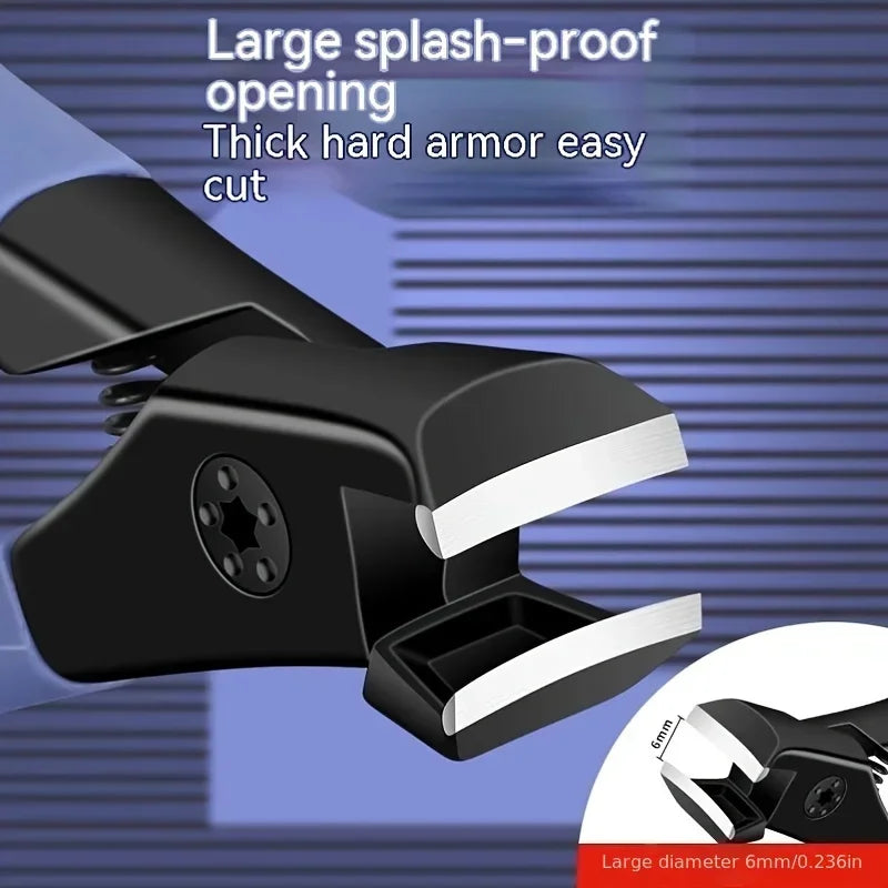Close-up view of a black heavy duty nail clipper with a large diameter opening.