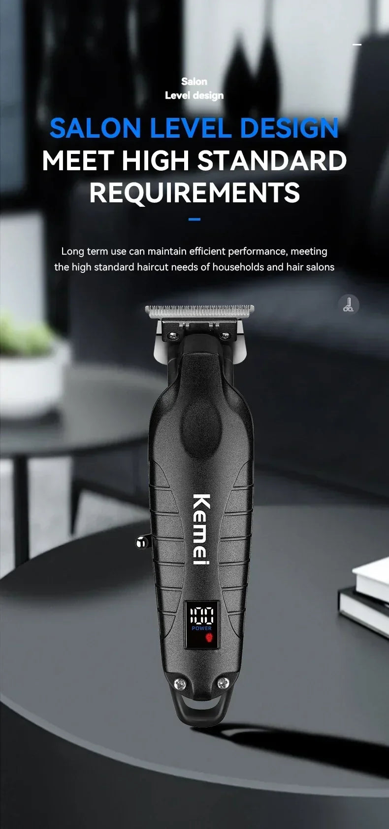 A black Kemi electric hair and beard trimmer is shown on a dark surface.