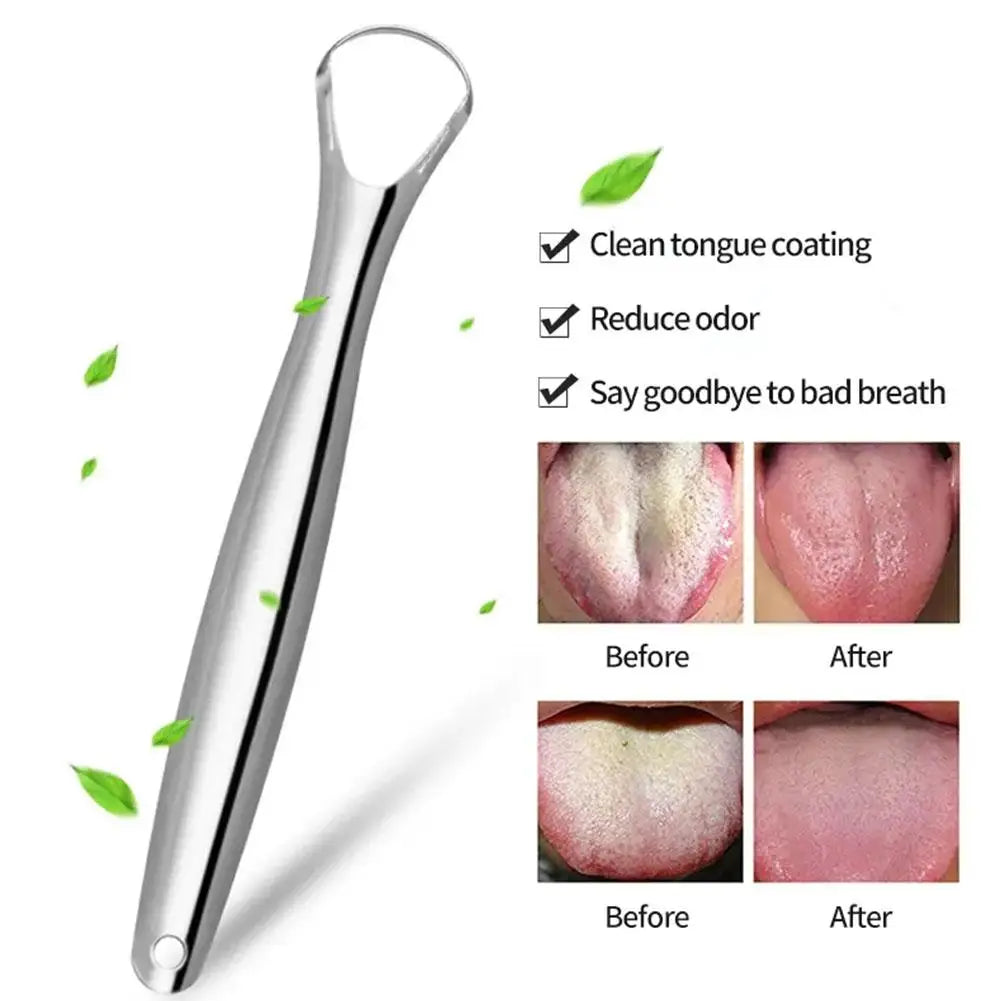 Stainless steel tongue scraper shown with before and after results for clean tongue coating and reduced bad breath