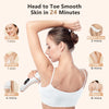 A woman is using an IPL laser hair removal epilator on her arm and leg.