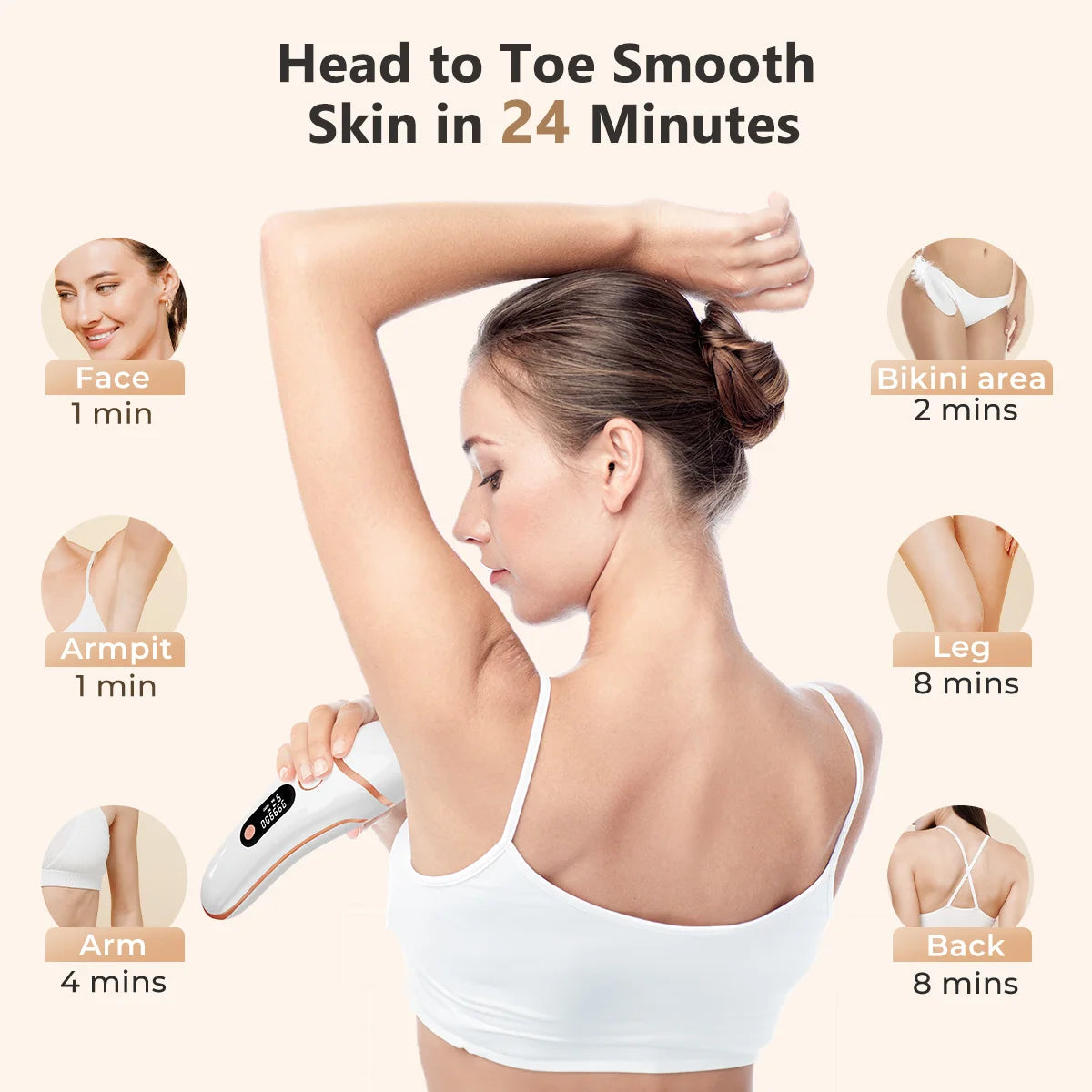 A woman is using an IPL laser hair removal epilator on her arm and leg.