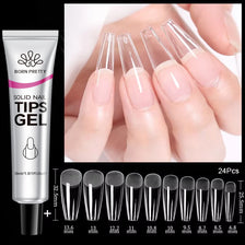 A tube of solid nail tips gel and various nail tips shown on fingers with size measurements.