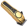 A gold and black professional LCD hair clipper set with a metal comb attachment.