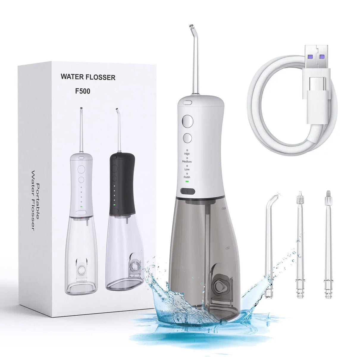 Ein tragbares Wasserflossergerät und Zubehör neben seiner Verpackung.