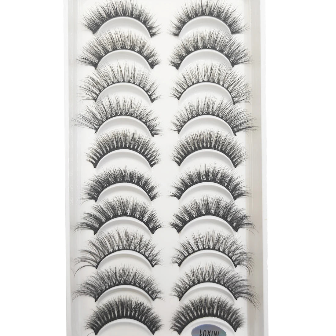 A display of natural 3D mink false eyelashes in various styles and lengths.