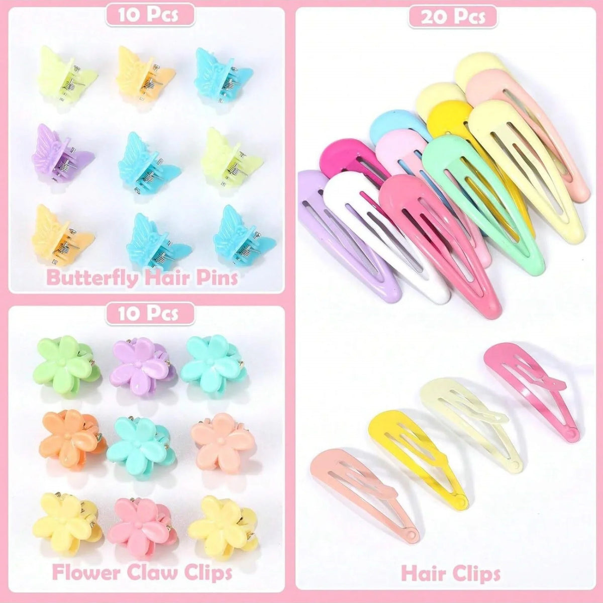 A collection of colorful butterfly hair pins, flower claw clips, and various hair clips for kids.