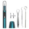 A professional ultrasonic dental tooth cleaner device in teal and silver, shown with various attachments.