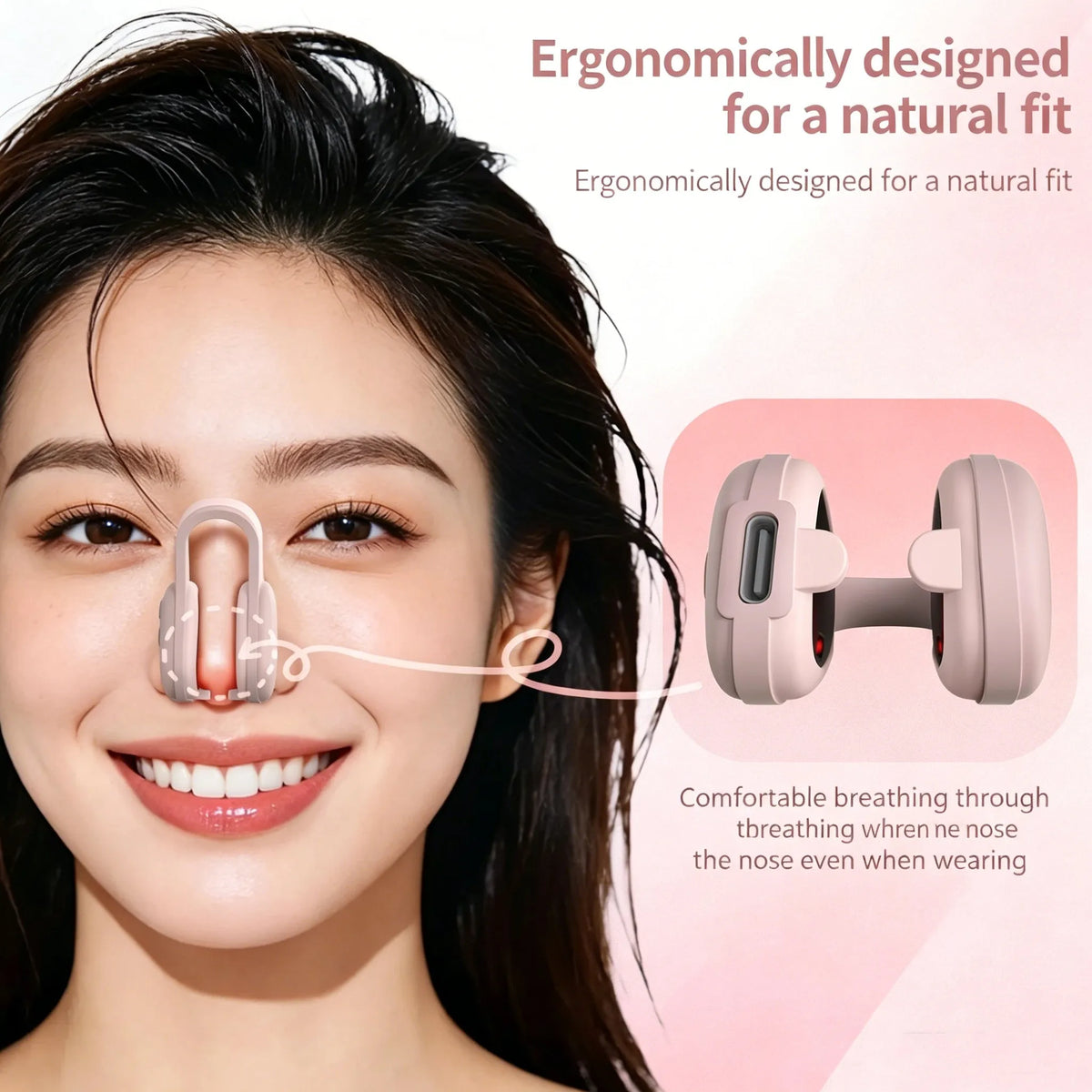 A woman smiling while wearing an ergonomically designed silicone nose shaper and lifter device.