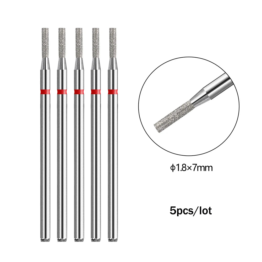 A set of five silver diamond nail drill bits, each measuring 1.8x7mm.