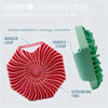 A red silicone exfoliating shower scrub brush with a hanger loop and handle strap, shown next to its disassembled fins.