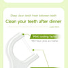 A white dental floss stick with a green tip and wire, designed for cleaning teeth after dinner.